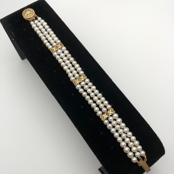 14k Pearl Diamond Bracelet Triple Strand SOLID Yellow Gold - Picture 3 of 7